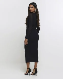 Black mesh cut out bodycon midi dress