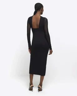 Black mesh open back bodycon midi dress