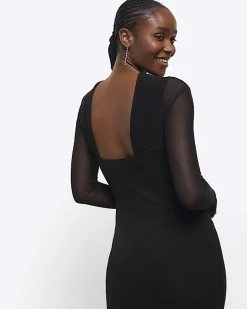 Black mesh open back bodycon midi dress