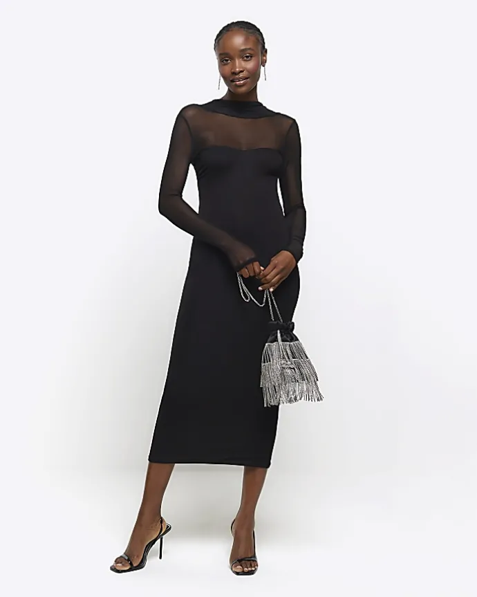 Black mesh open back bodycon midi dress