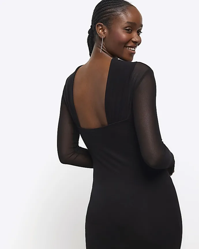 Black mesh open back bodycon midi dress