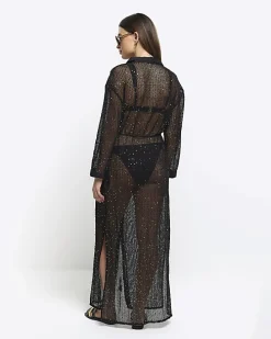 Black mesh sequin beach maxi shirt dress