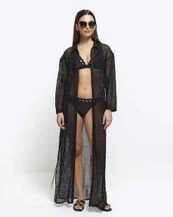 Black mesh sequin beach maxi shirt dress