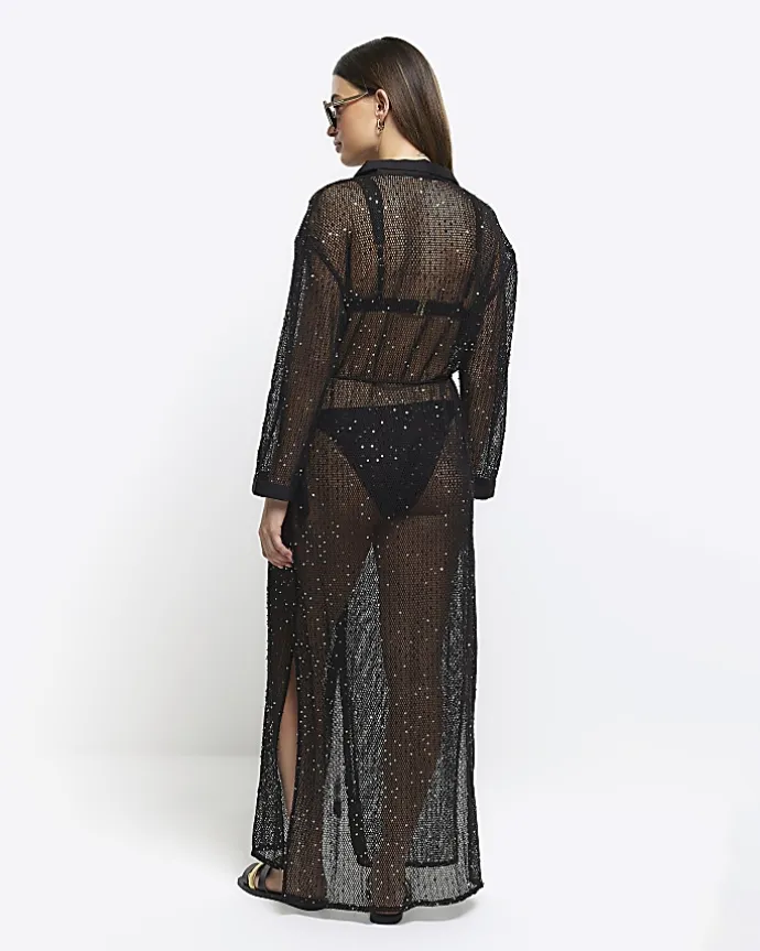 Black mesh sequin beach maxi shirt dress
