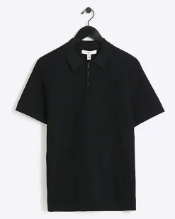 Black muscle fit knitted half zip polo