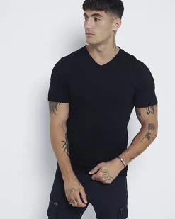 Black muscle fit V neck t-shirt