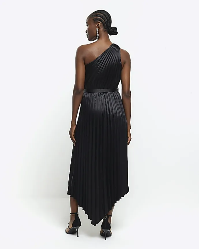 Black pleated asymmetric midi dress