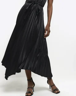 Black pleated asymmetric midi dress