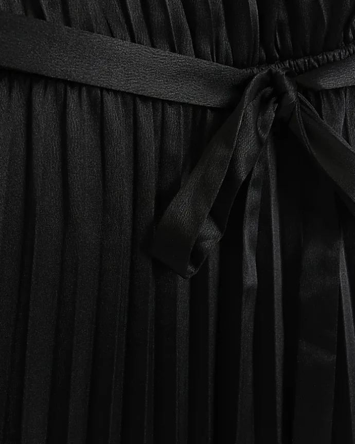 Black pleated asymmetric midi dress