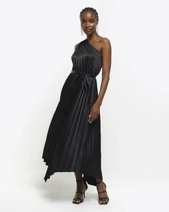 Black pleated asymmetric midi dress