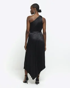 Black pleated asymmetric midi dress