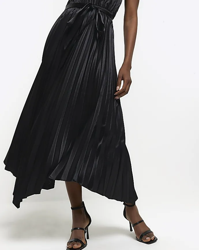 Black pleated asymmetric midi dress