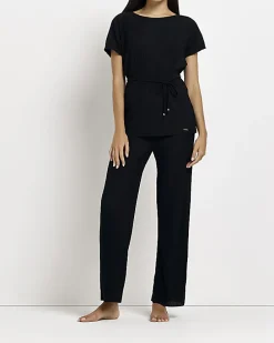 Black plisse belted top