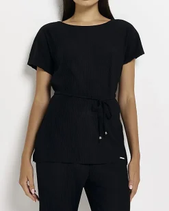 Black plisse belted top