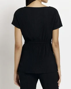 Black plisse belted top