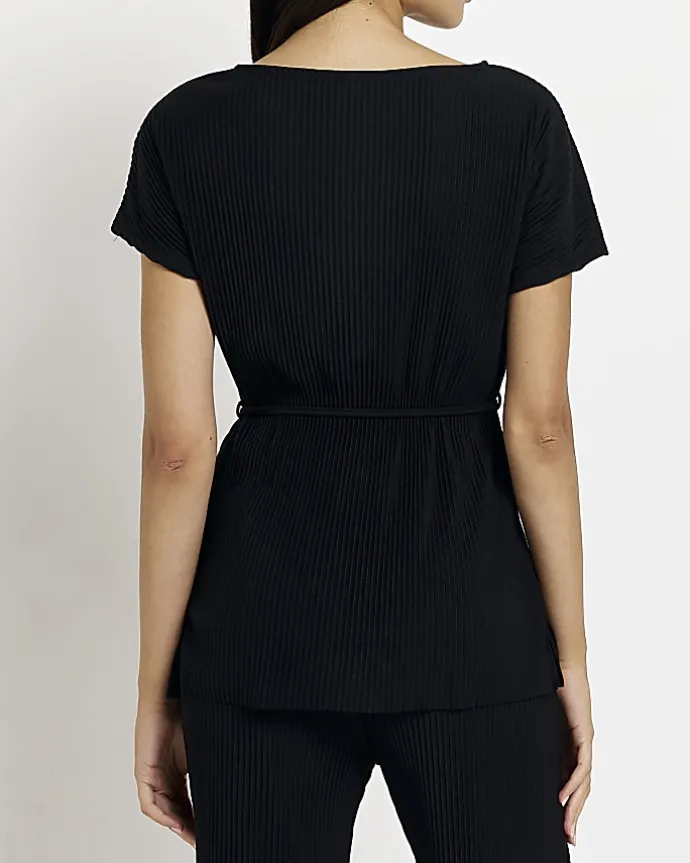 Black plisse belted top