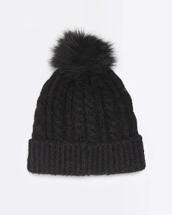 Black pom pom cable knit beanie hat