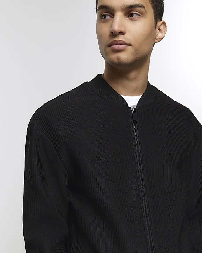 Black regular fit plisse zip bomber jacket
