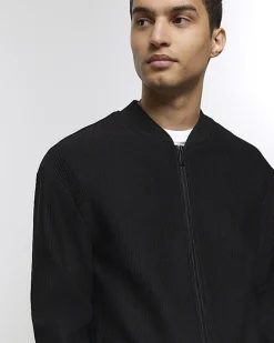 Black regular fit plisse zip bomber jacket