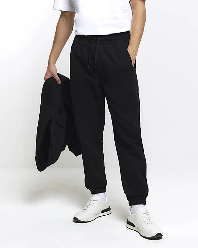 Black regular fit rib panel joggers