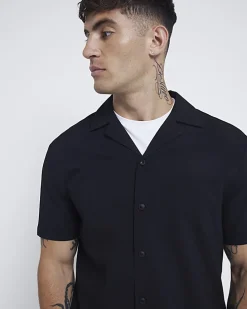 Black Regular Fit Seersucker Revere Shirt