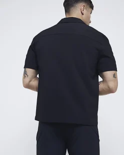 Black Regular Fit Seersucker Revere Shirt