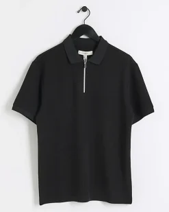 Black regular fit smart texture zip neck polo