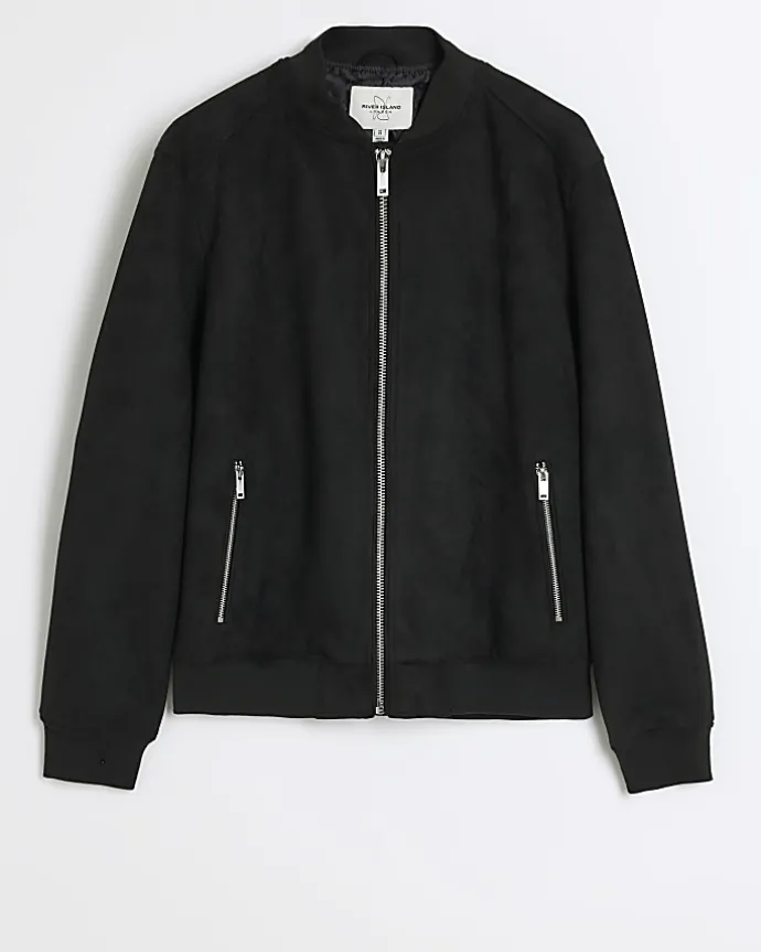 Black regular fit suedette bomber jacket