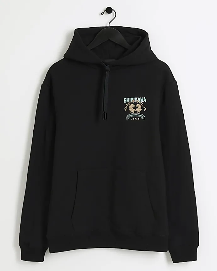 Black regular fit tiger graphic hoodie