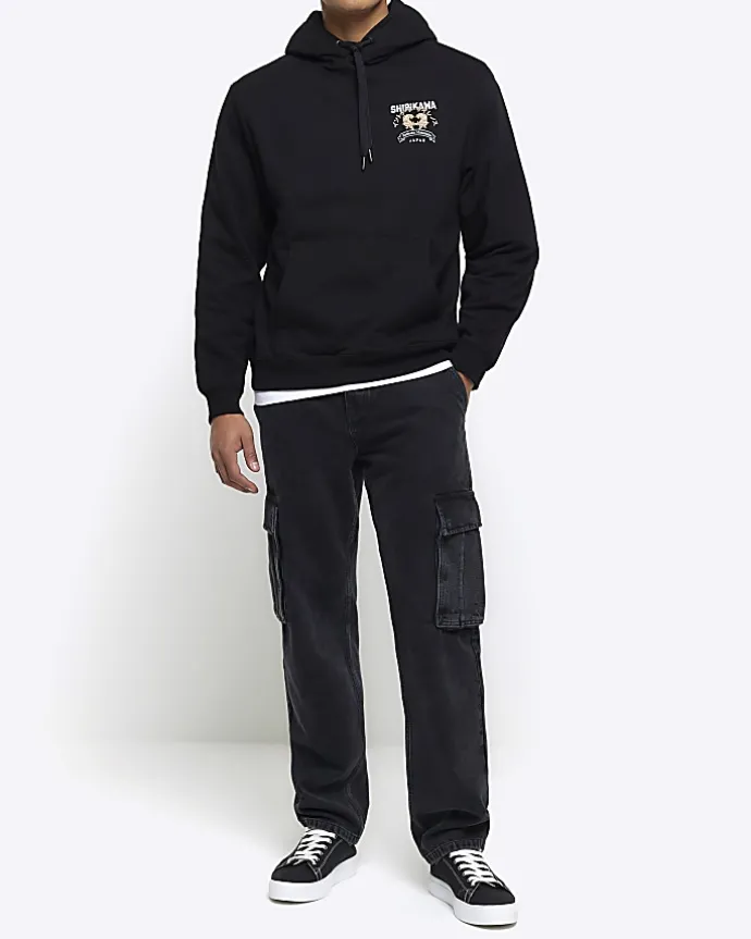 Black regular fit tiger graphic hoodie