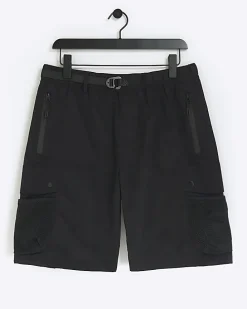 Black regular fit utility cargo shorts
