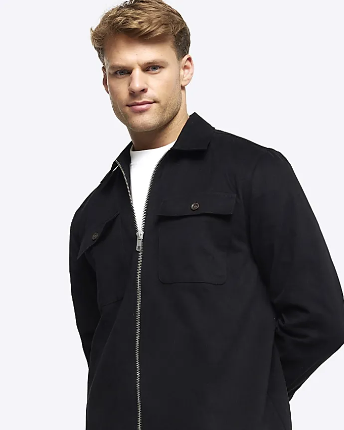 Black regular fit zip up overshirt