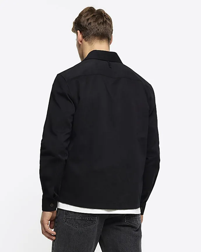 Black regular fit zip up overshirt