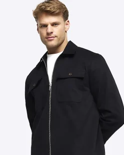 Black regular fit zip up overshirt