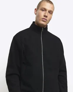 Black regular fit zip up funnel sweatshirt