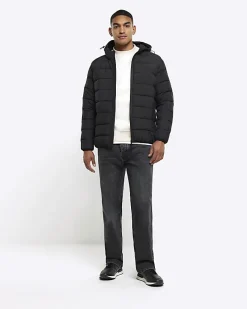 Black regular hooded quilted puffer jacket