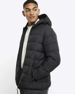 Black regular hooded quilted puffer jacket