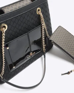 Black RI monogram pocket tote bag