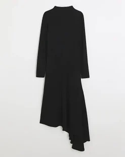 Black rib asymmetric bodycon midi dress