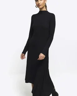 Black rib asymmetric bodycon midi dress