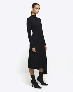 Black rib asymmetric bodycon midi dress