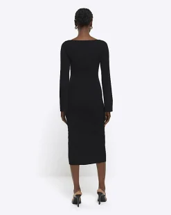 Black rib long sleeve bodycon midi dress