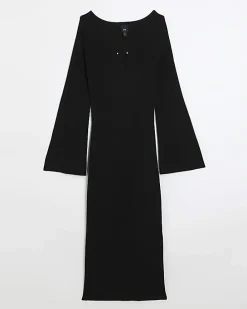 Black rib long sleeve bodycon midi dress