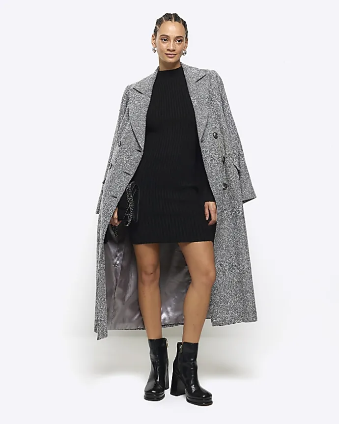 Black rib puff sleeve jumper mini dress