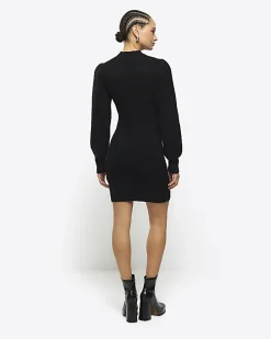 Black rib puff sleeve jumper mini dress