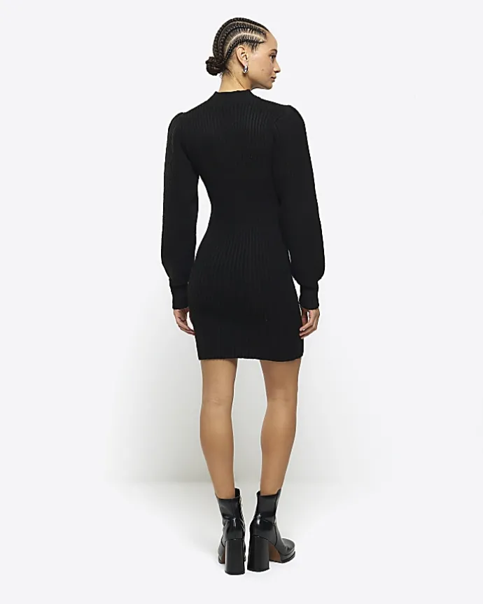 Black rib puff sleeve jumper mini dress