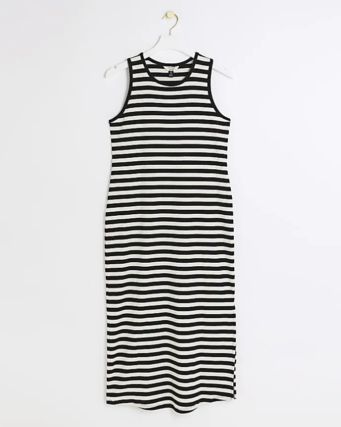 Black rib stripe bodycon midi dress