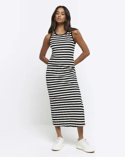 Black rib stripe bodycon midi dress