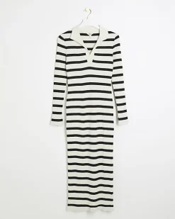 Black rib stripe collared bodycon maxi dress