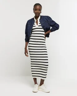 Black rib stripe collared bodycon maxi dress